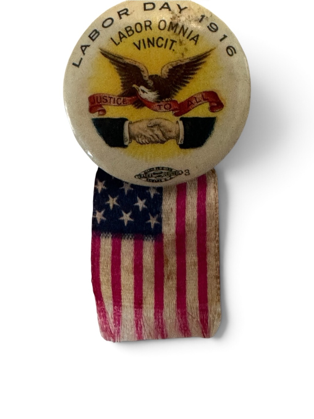 Antique 1916 Labor Day Whitehead & Hoag Patriotic Pinback Ribbon Badge